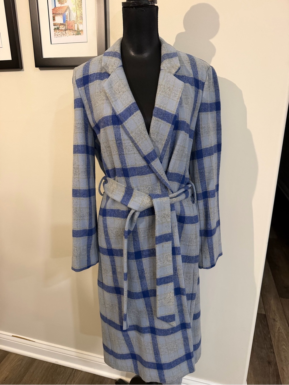 Reformation Women’s Plaid Light Blue Royal Blue Belted Wool Coat M